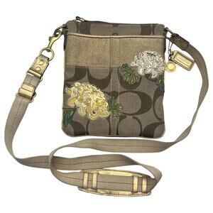 Coach Signature Canvas Monogram Embroidered Floral Sling Crossbody Bag Tan Gold